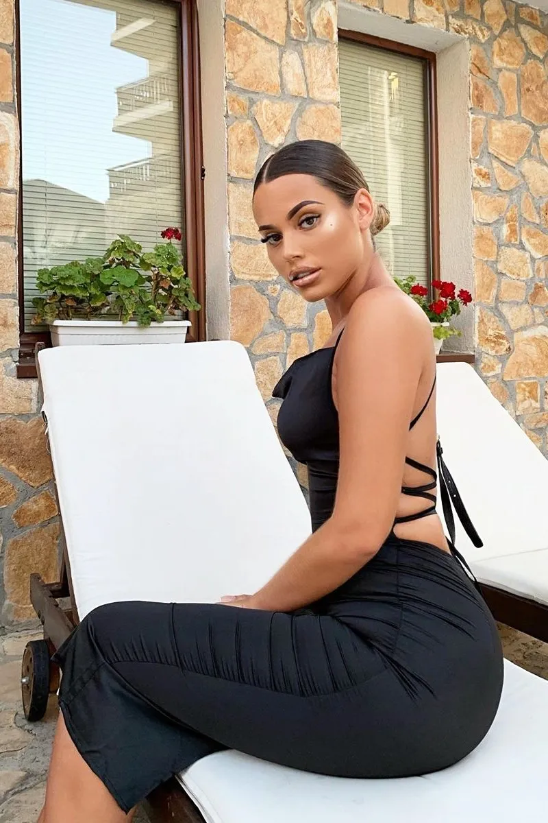 Black Satin Cowl Neck Midi Bodycon Dress - Liliana