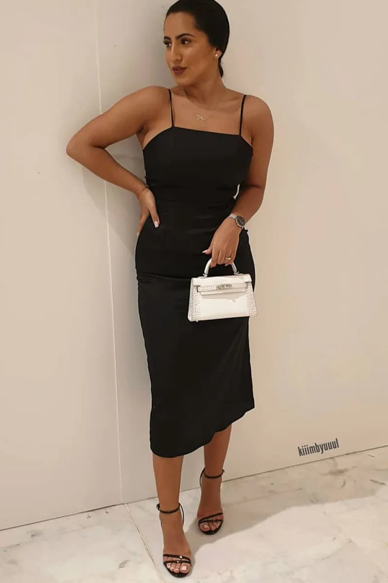 Black Satin Straight Neck Tie Up Midi Dress - Irina