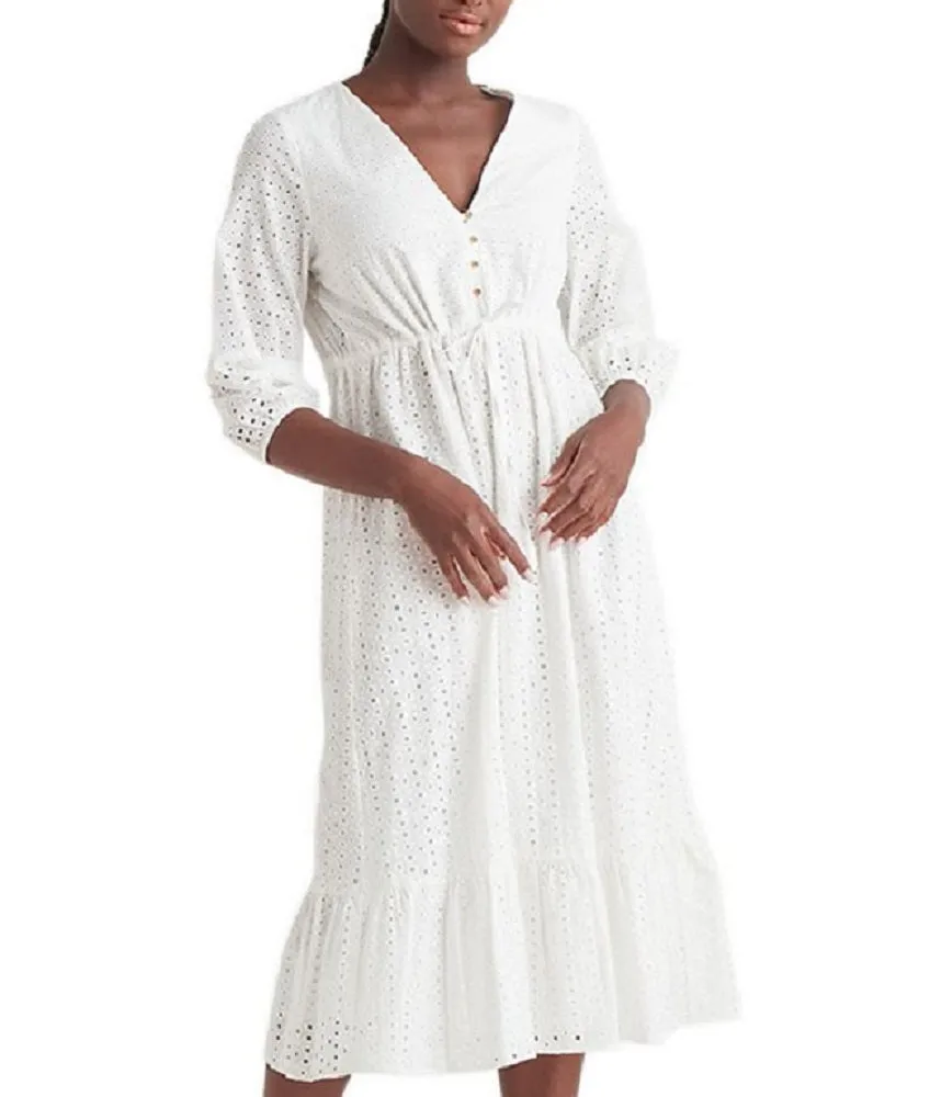 Black Tape Women's Buttoned Eyelet Midi Dress White Size Small