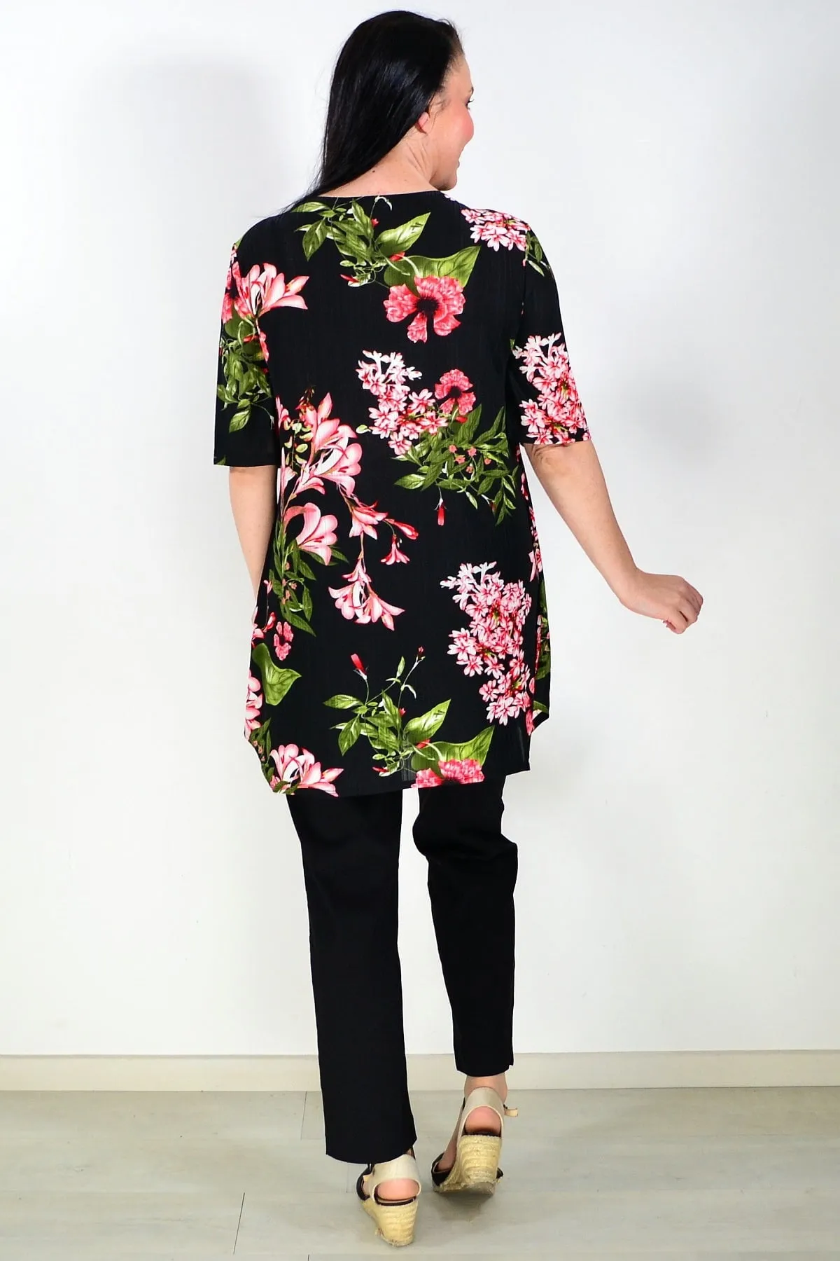 Black Tunic Top Pink Floral Print