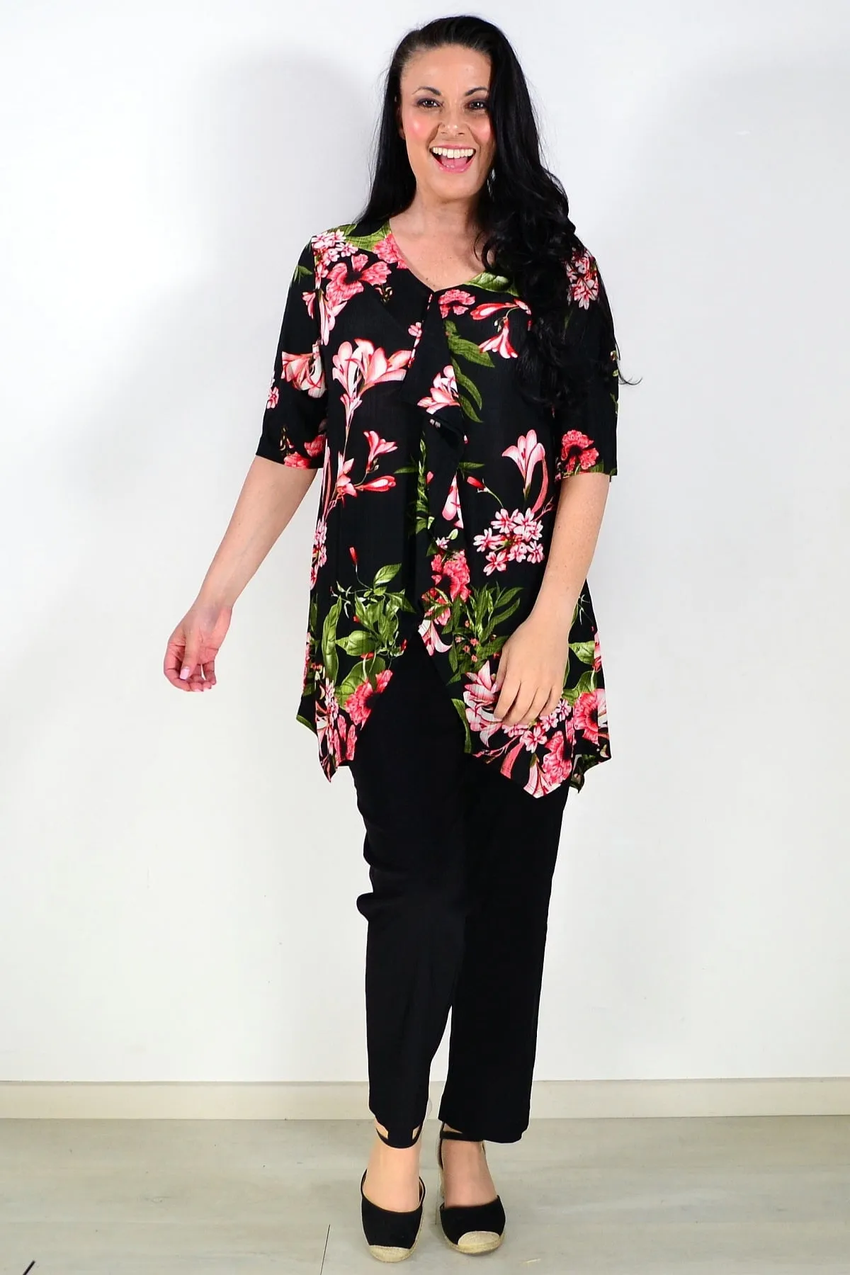 Black Tunic Top Pink Floral Print