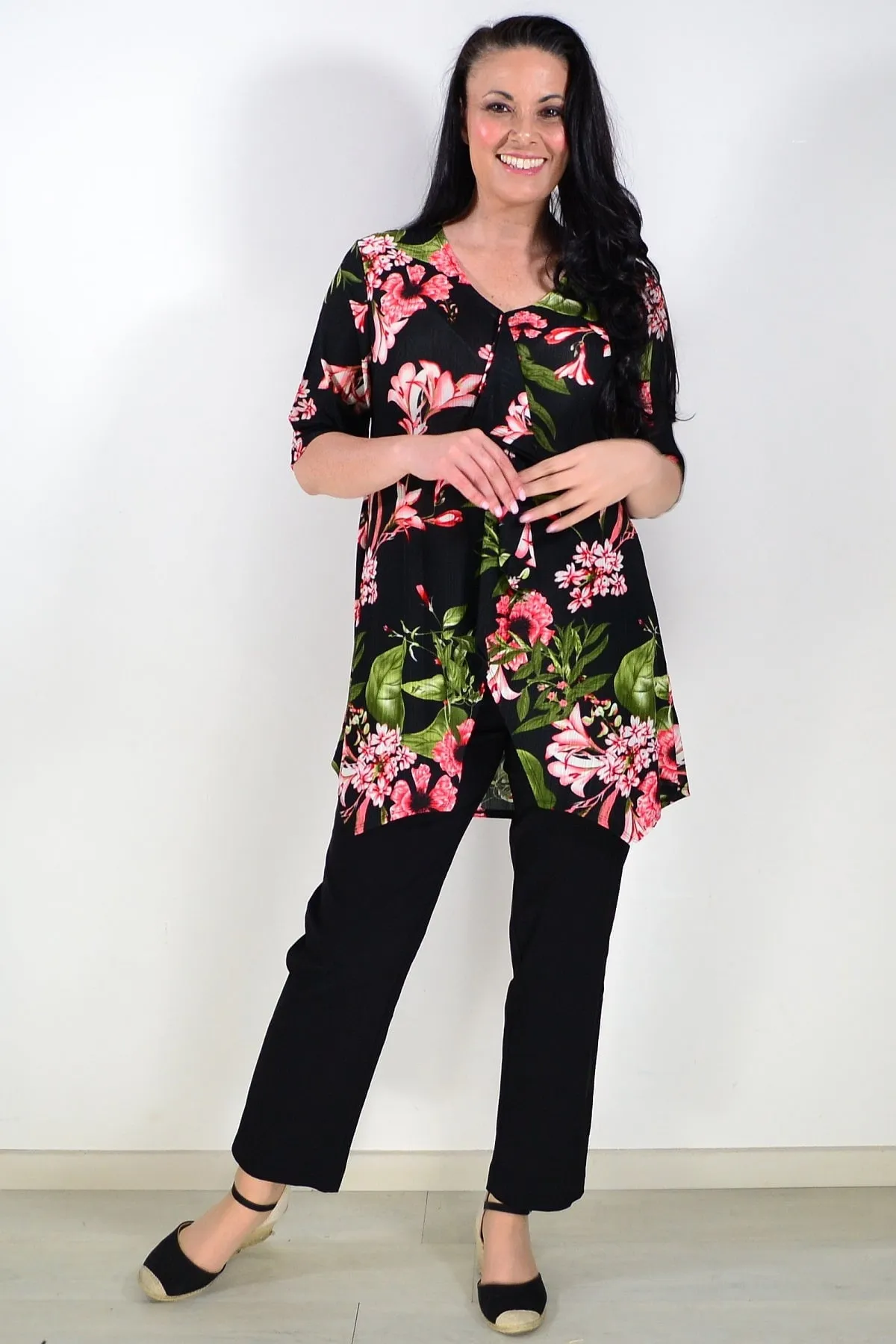 Black Tunic Top Pink Floral Print