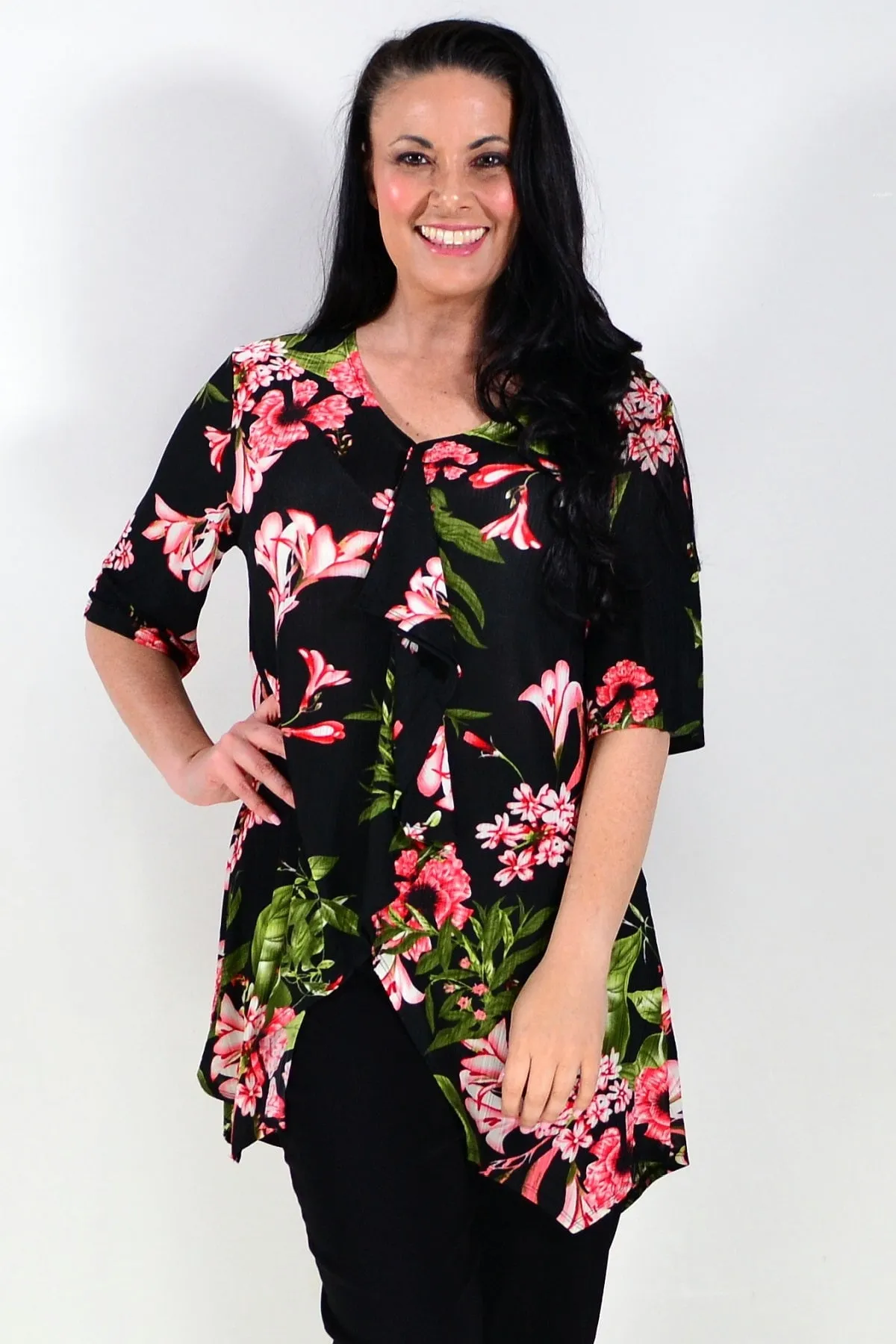 Black Tunic Top Pink Floral Print