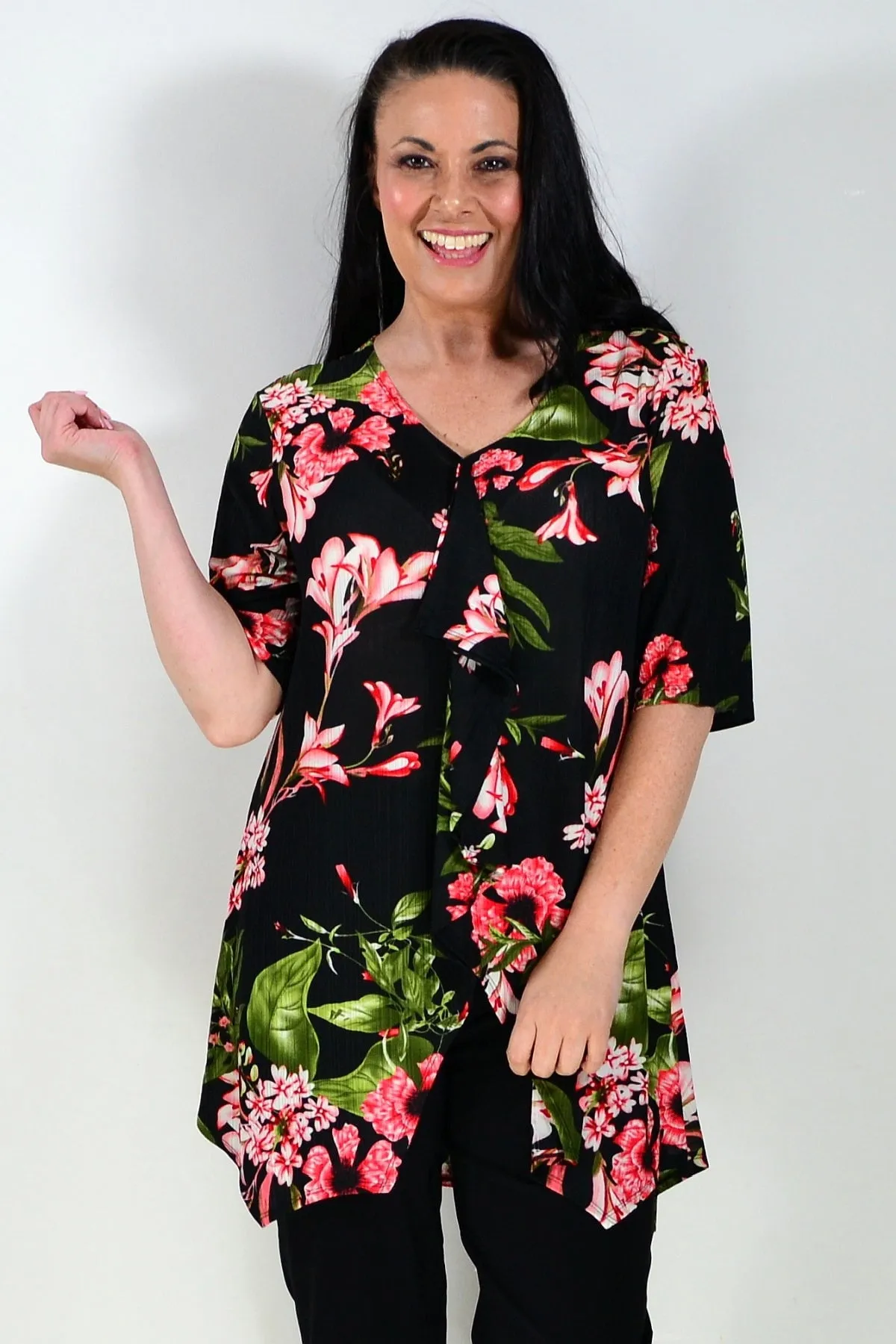 Black Tunic Top Pink Floral Print