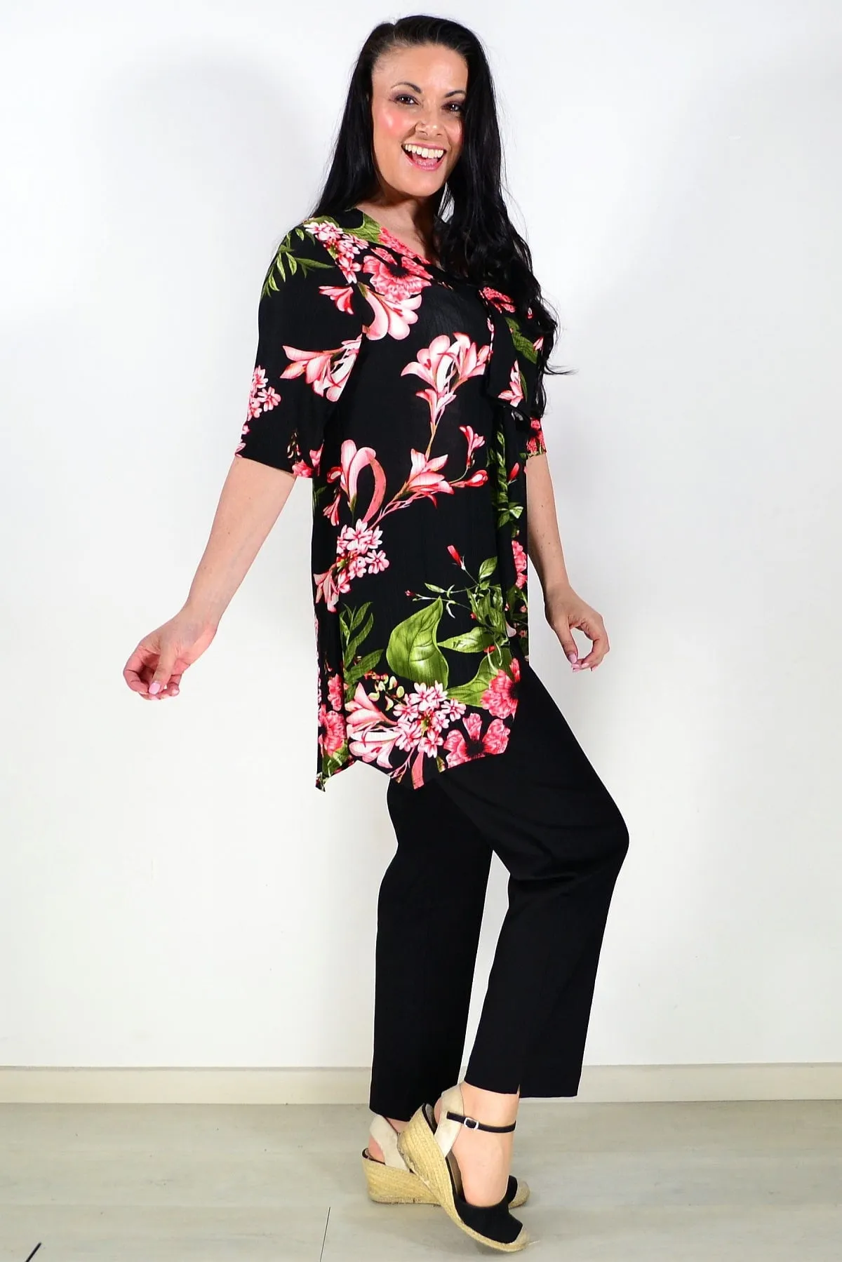 Black Tunic Top Pink Floral Print