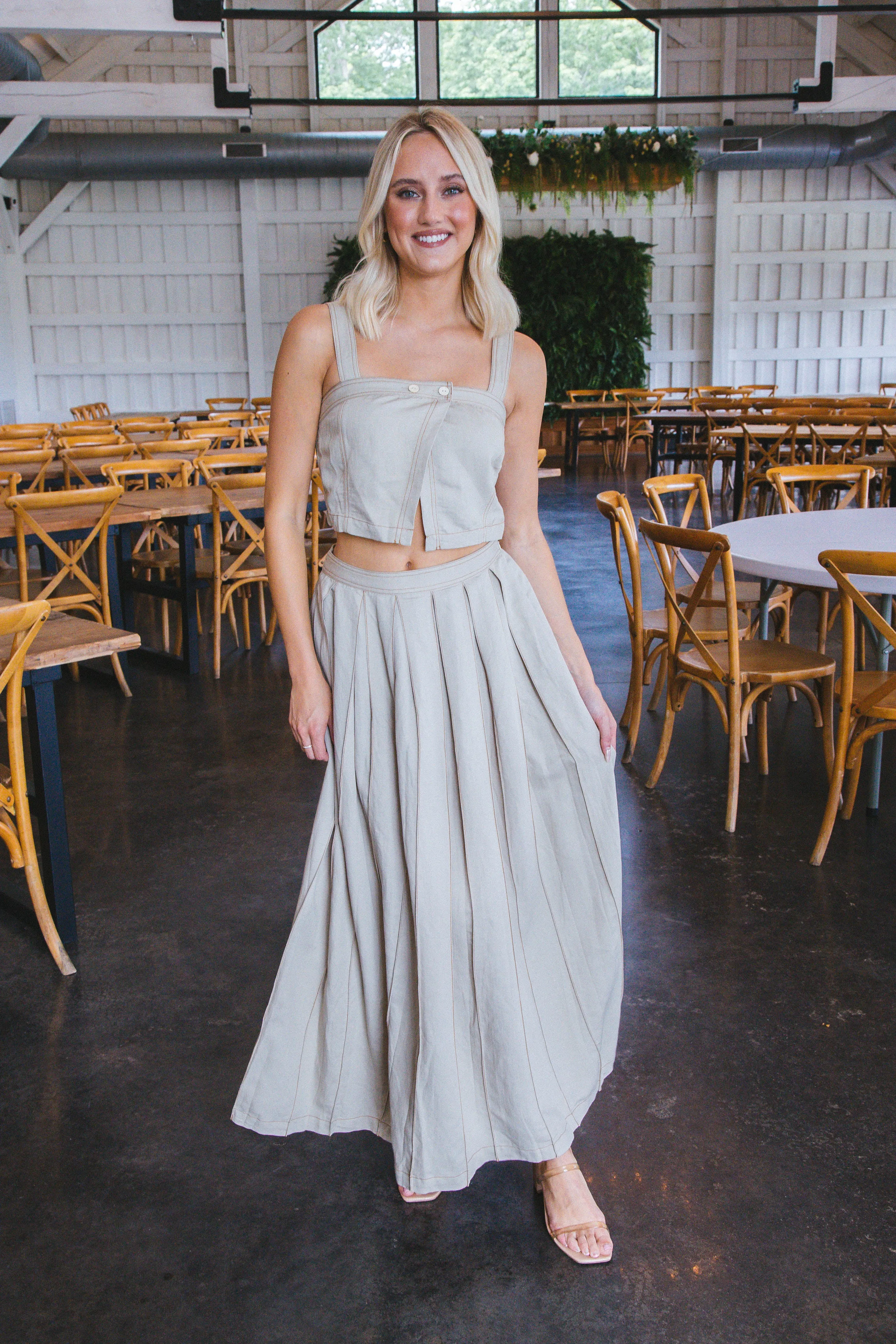Brielle Linen Box Pleat Maxi Skirt, Khaki