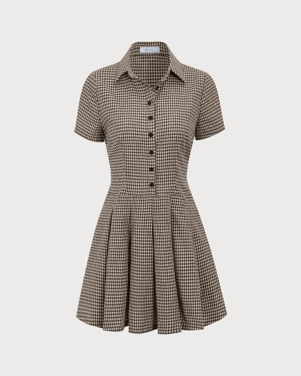 Brown Plaid Lapel Pleated Mini Dress