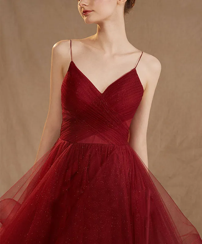 Burgundy Tulle Long Prom Dress, Burgundy Tulle Evening Dress