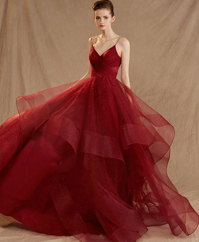 Burgundy Tulle Long Prom Dress, Burgundy Tulle Evening Dress