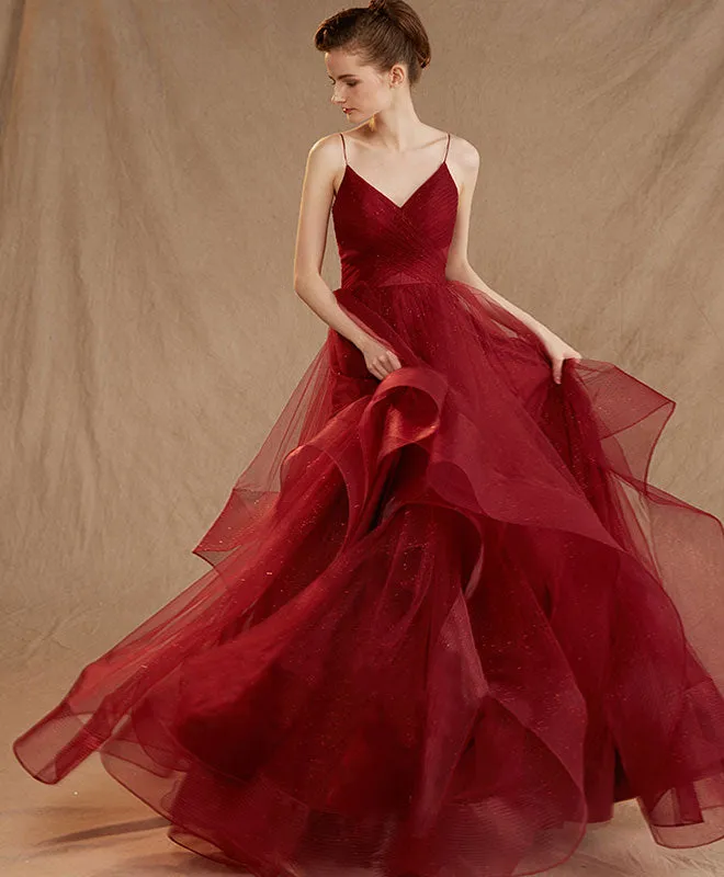 Burgundy Tulle Long Prom Dress, Burgundy Tulle Evening Dress