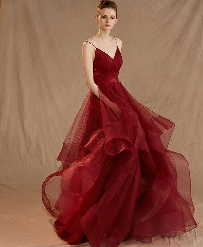Burgundy Tulle Long Prom Dress, Burgundy Tulle Evening Dress