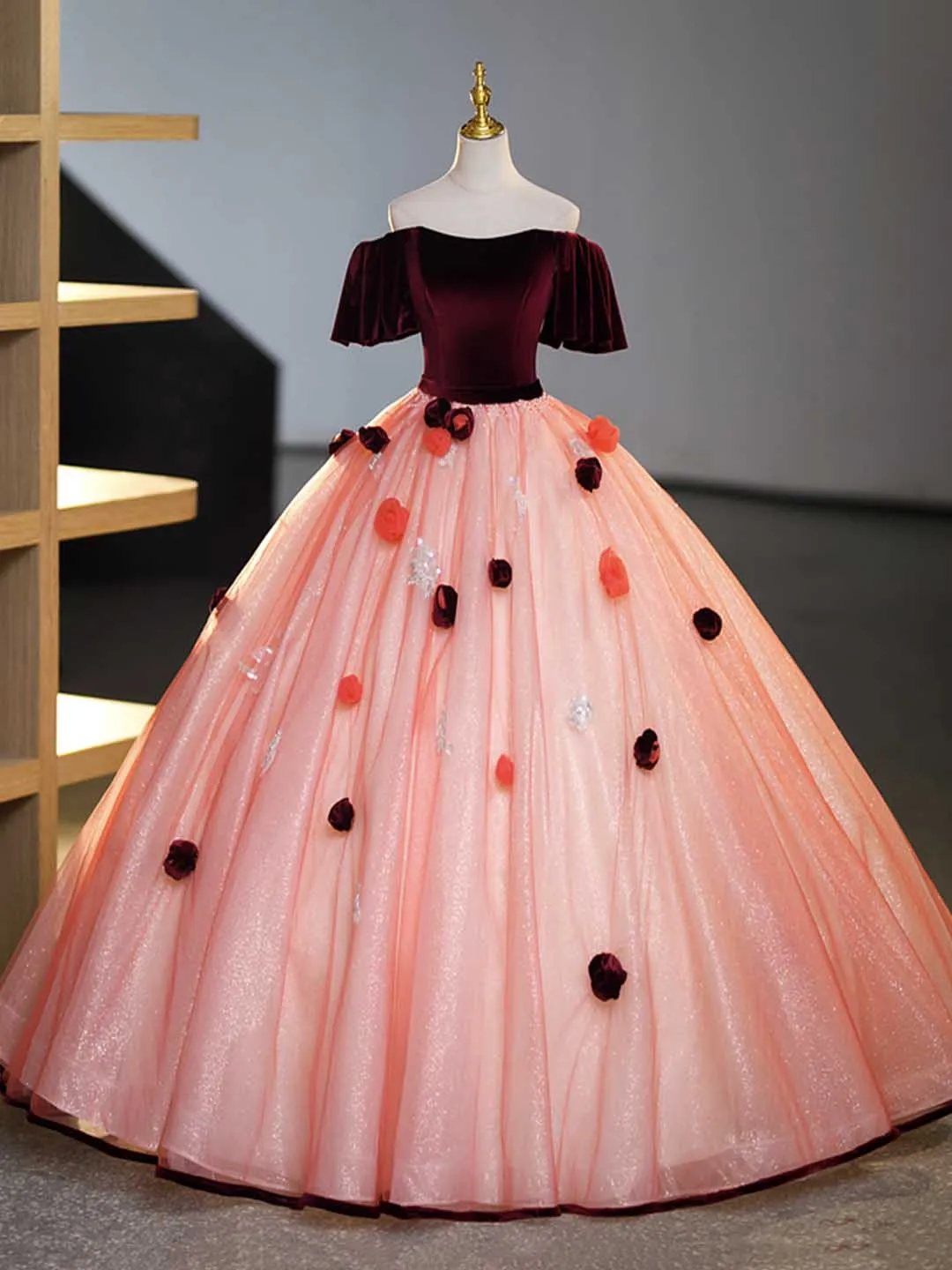 Burgundy Velvet Tulle Long Formal Dress Off the Shoulder Sweet Flower Party Dress