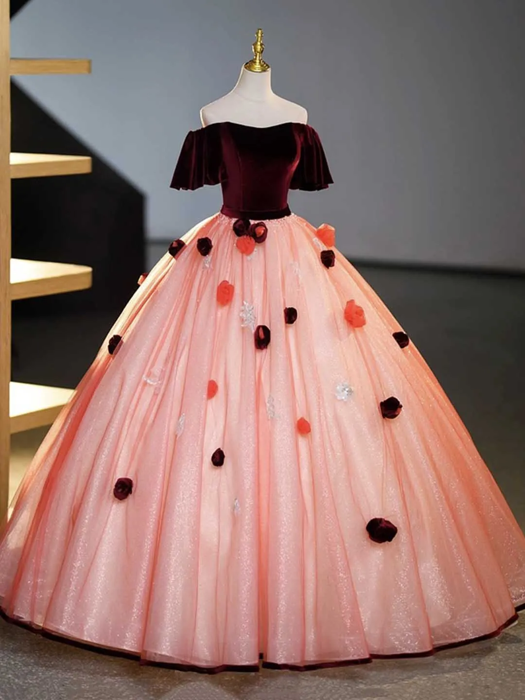 Burgundy Velvet Tulle Long Formal Dress Off the Shoulder Sweet Flower Party Dress