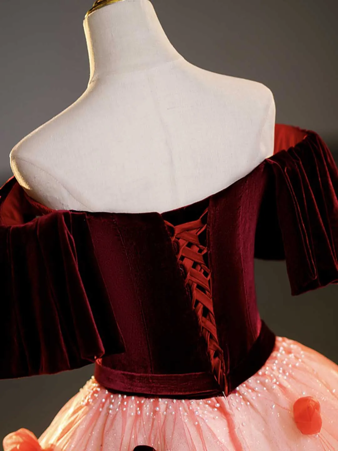 Burgundy Velvet Tulle Long Formal Dress Off the Shoulder Sweet Flower Party Dress