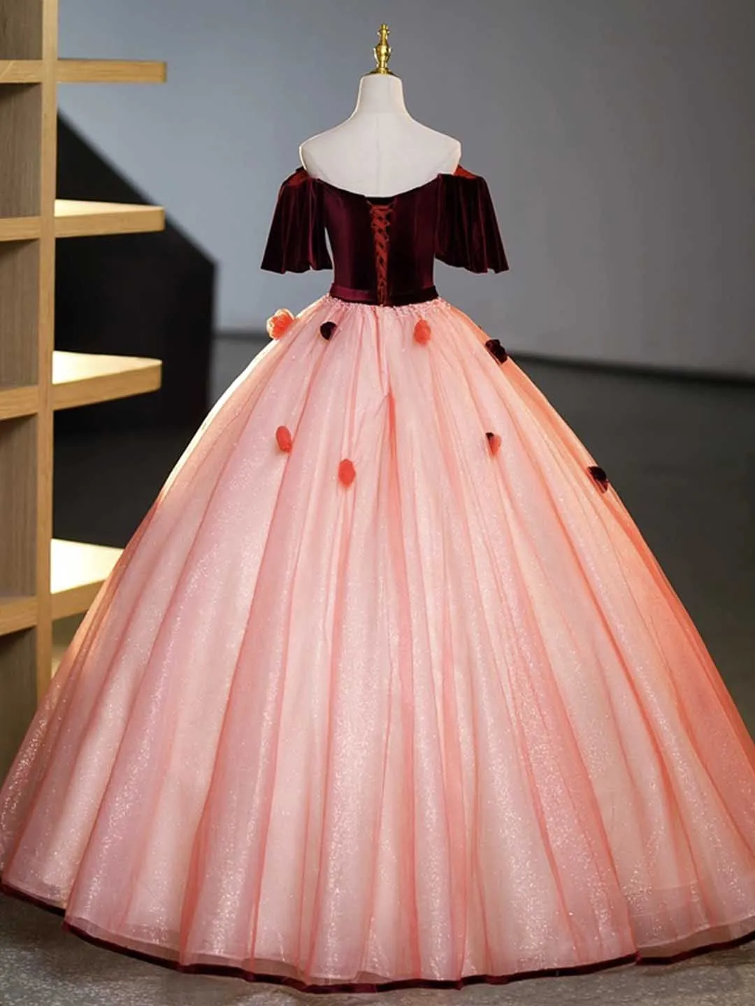 Burgundy Velvet Tulle Long Formal Dress Off the Shoulder Sweet Flower Party Dress