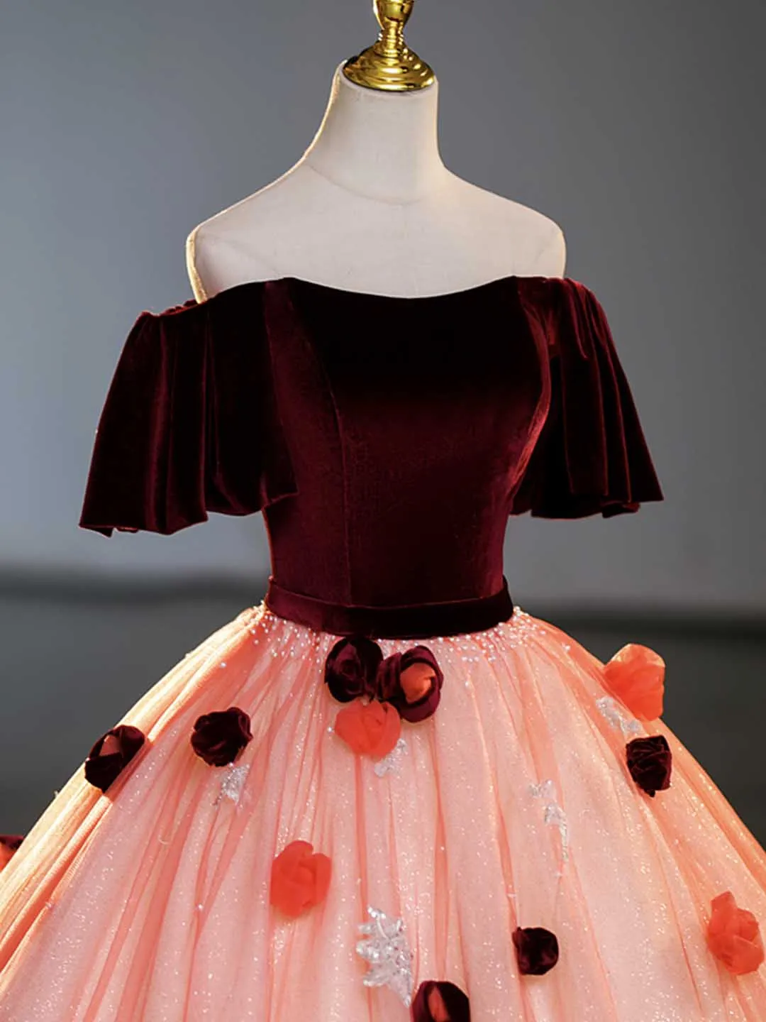 Burgundy Velvet Tulle Long Formal Dress Off the Shoulder Sweet Flower Party Dress