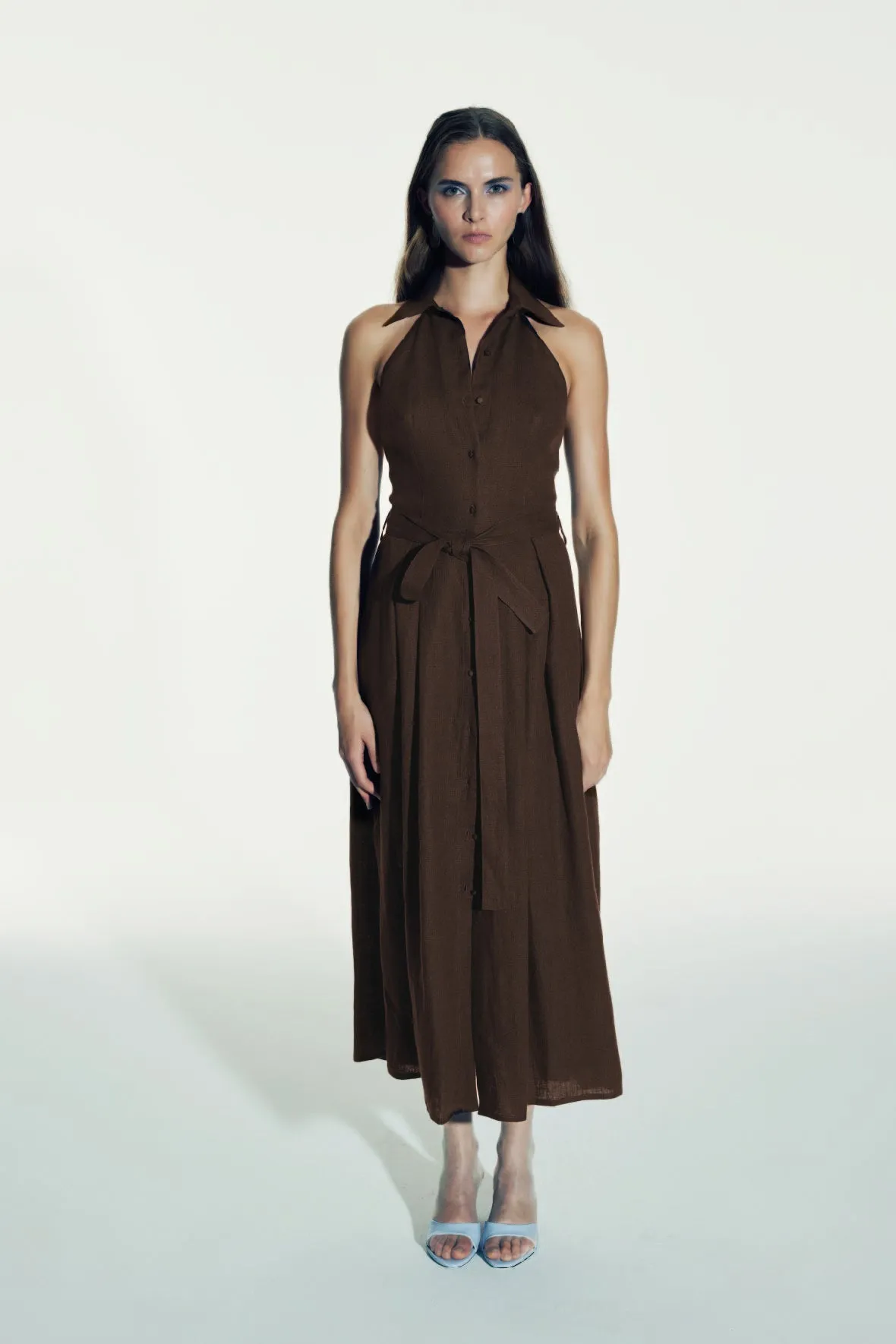 Carrie Linen Midi Dress in Burnt Siena