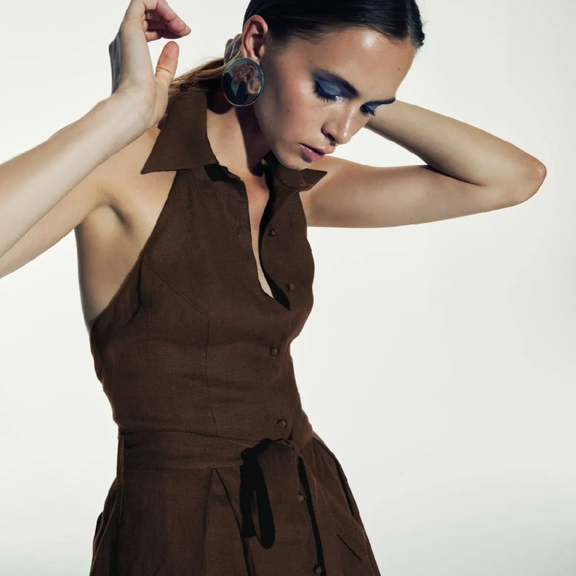 Carrie Linen Midi Dress in Burnt Siena
