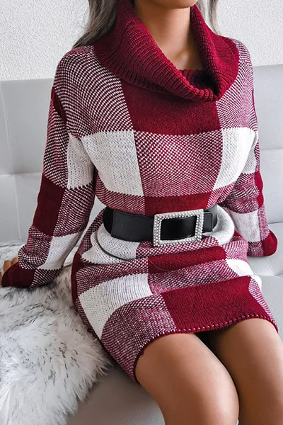 Casual & Stylish Plaid Split Joint Contrast Turtleneck Pencil Skirt Dresses Sweater (without Belt)