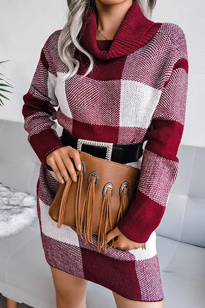 Casual & Stylish Plaid Split Joint Contrast Turtleneck Pencil Skirt Dresses Sweater (without Belt)