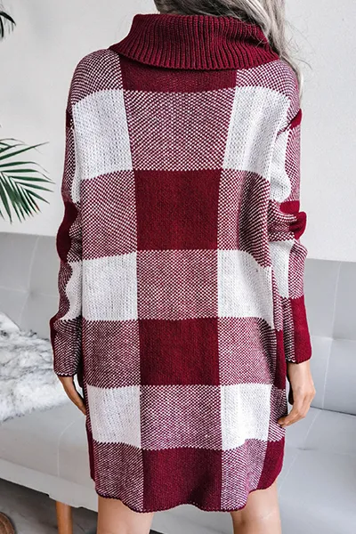 Casual & Stylish Plaid Split Joint Contrast Turtleneck Pencil Skirt Dresses Sweater (without Belt)