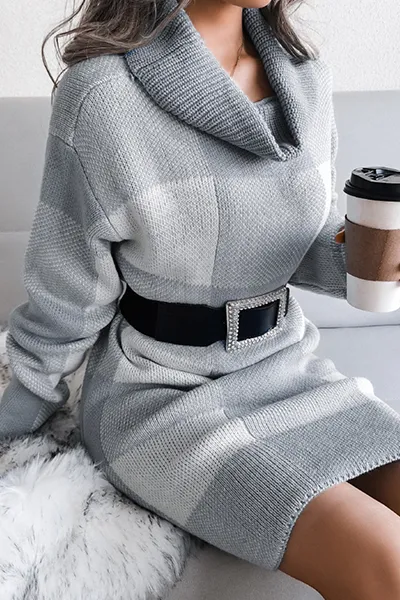 Casual & Stylish Plaid Split Joint Contrast Turtleneck Pencil Skirt Dresses Sweater (without Belt)
