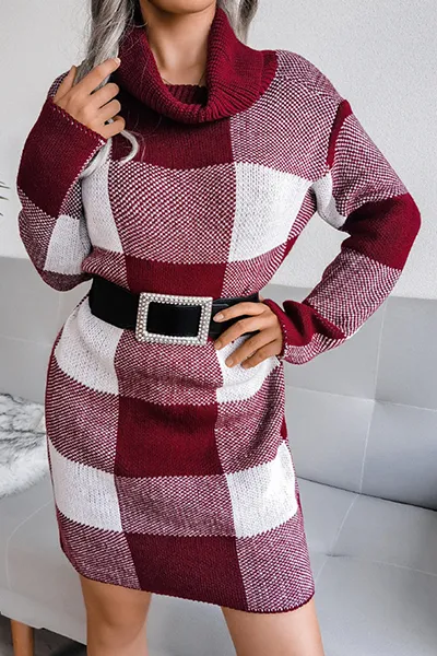 Casual & Stylish Plaid Split Joint Contrast Turtleneck Pencil Skirt Dresses Sweater (without Belt)