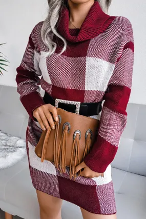 Casual & Stylish Plaid Split Joint Contrast Turtleneck Pencil Skirt Dresses Sweater (without Belt)