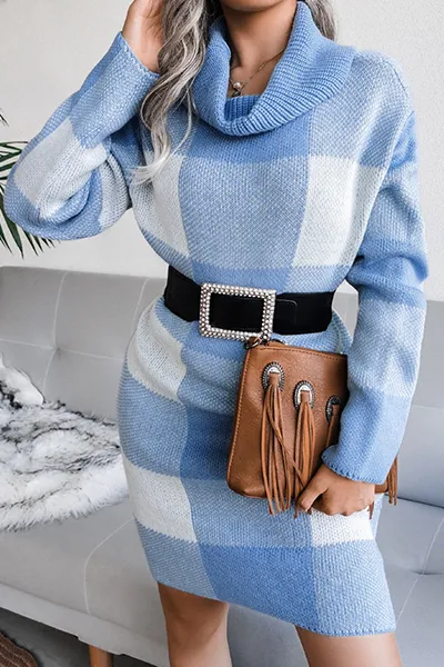 Casual & Stylish Plaid Split Joint Contrast Turtleneck Pencil Skirt Dresses Sweater (without Belt)