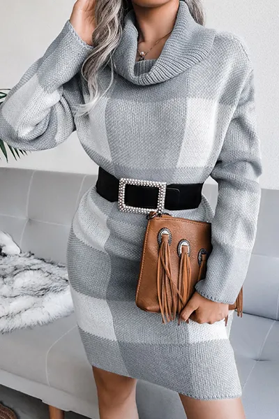 Casual & Stylish Plaid Split Joint Contrast Turtleneck Pencil Skirt Dresses Sweater (without Belt)