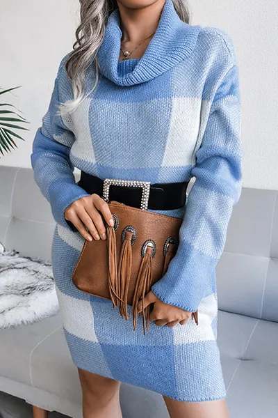 Casual & Stylish Plaid Split Joint Contrast Turtleneck Pencil Skirt Dresses Sweater (without Belt)