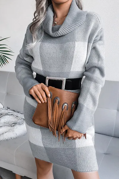 Casual & Stylish Plaid Split Joint Contrast Turtleneck Pencil Skirt Dresses Sweater (without Belt)