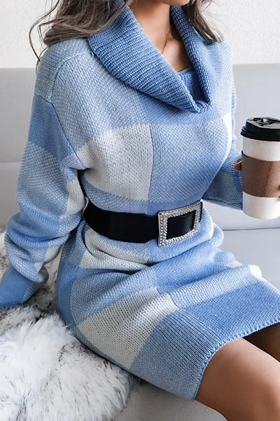 Casual & Stylish Plaid Split Joint Contrast Turtleneck Pencil Skirt Dresses Sweater (without Belt)
