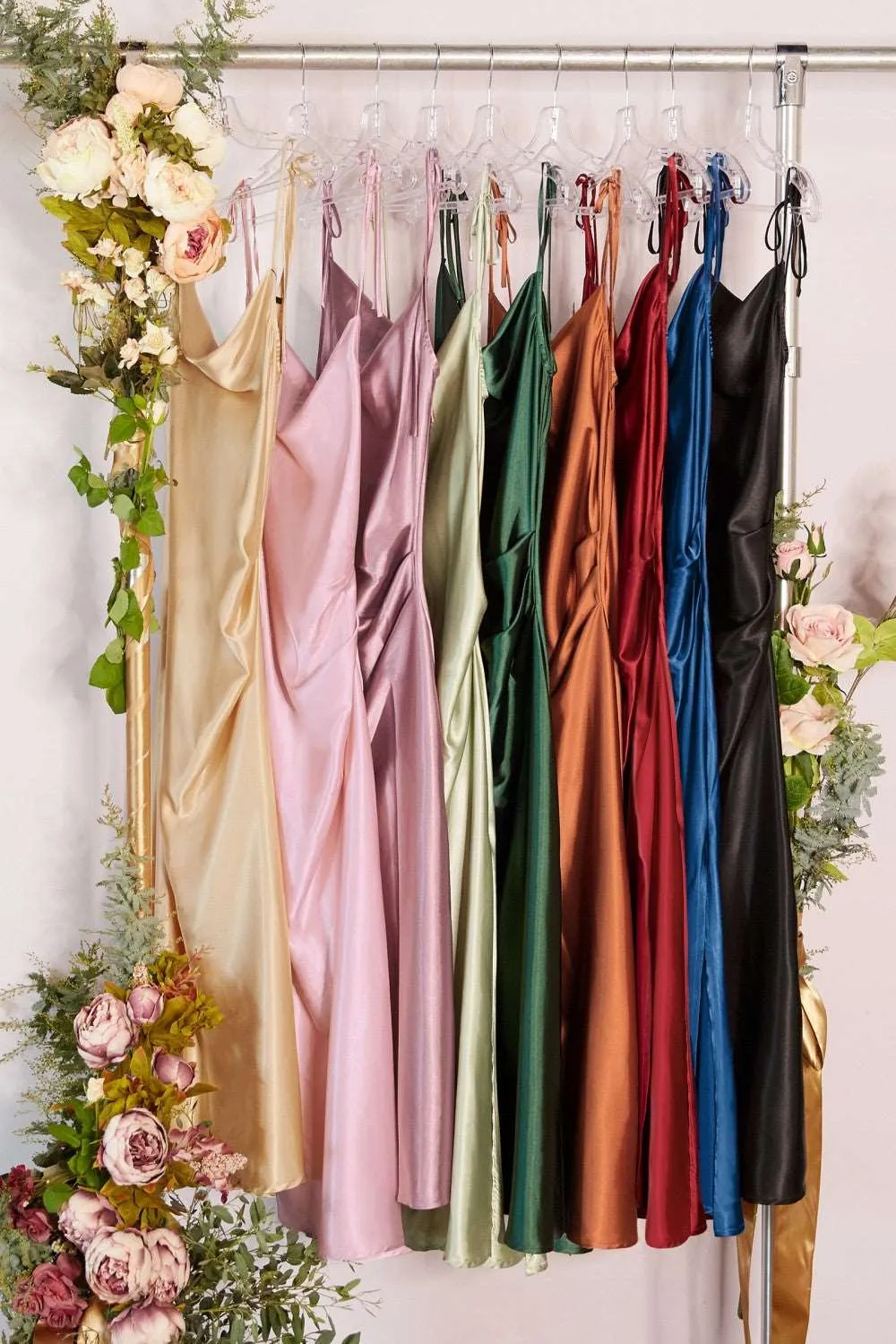 CD BD103 - Midi Length Satin Fitted Slip Dress with Draped Cowl Neck Adjustable Spaghetti Straps & Leg Slit