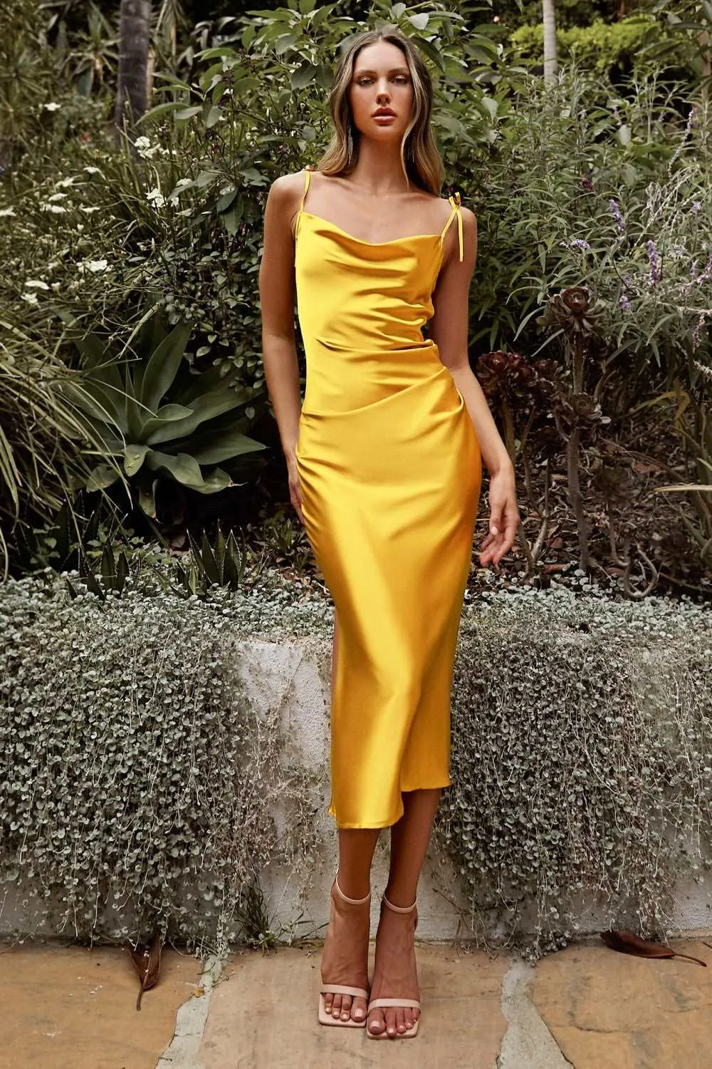 CD BD103 - Midi Length Satin Fitted Slip Dress with Draped Cowl Neck Adjustable Spaghetti Straps & Leg Slit