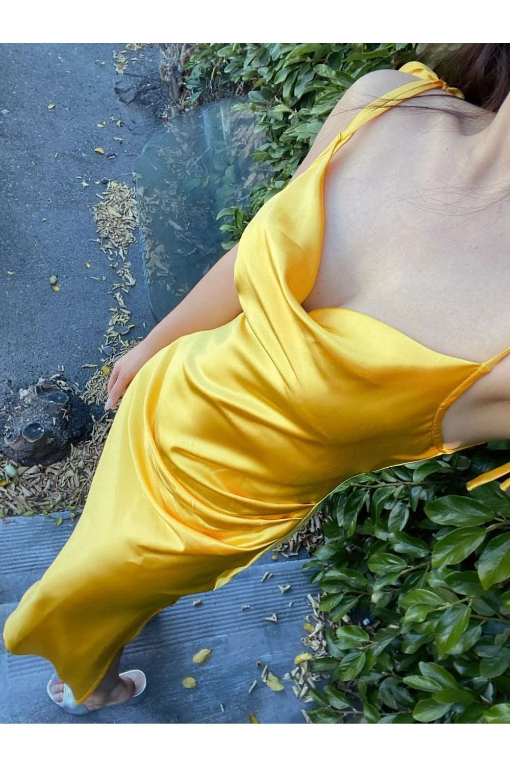 CD BD103 - Midi Length Satin Fitted Slip Dress with Draped Cowl Neck Adjustable Spaghetti Straps & Leg Slit