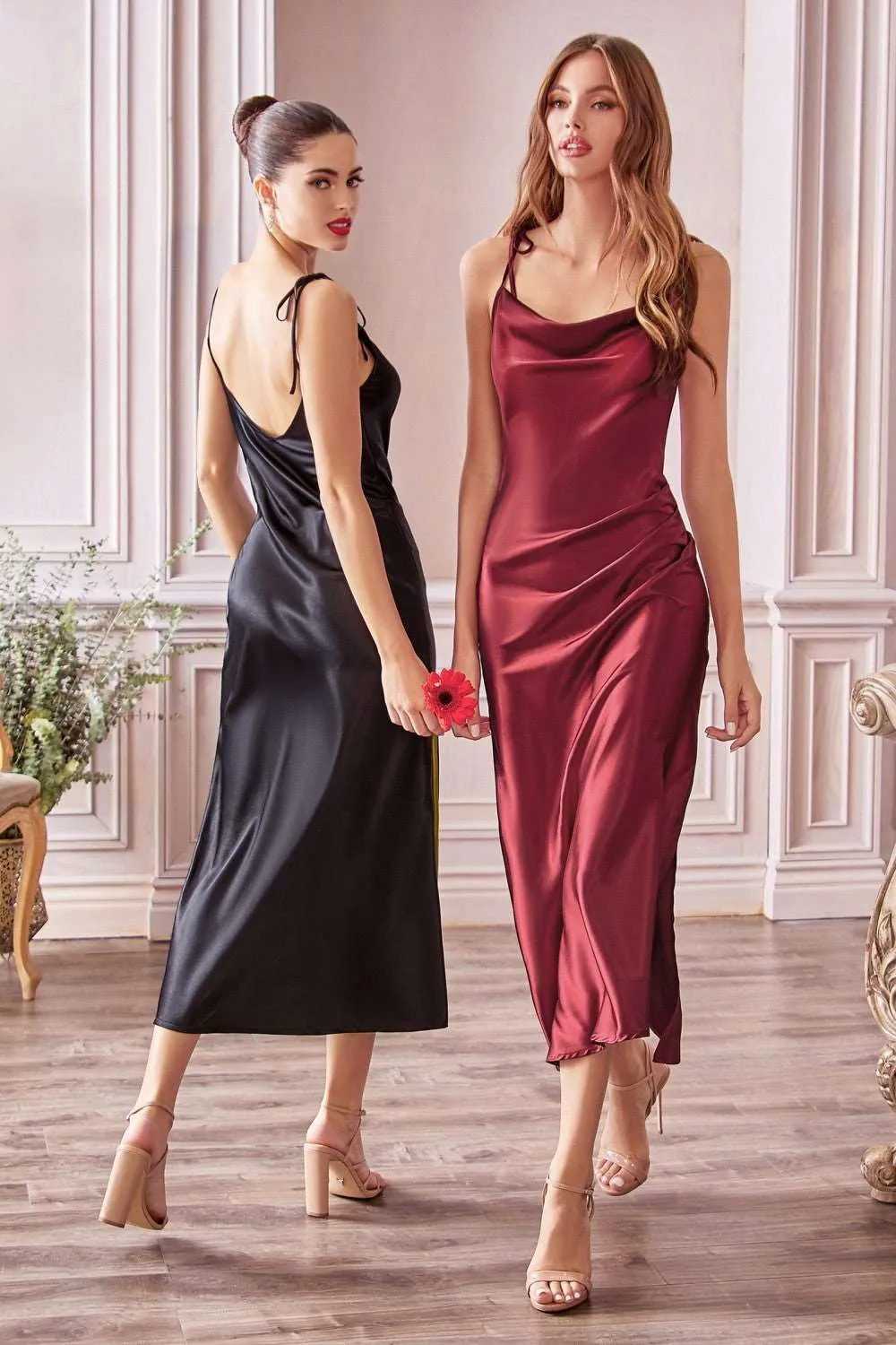 CD BD103 - Midi Length Satin Fitted Slip Dress with Draped Cowl Neck Adjustable Spaghetti Straps & Leg Slit