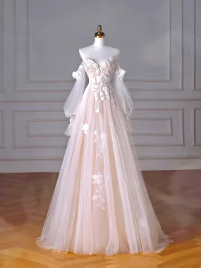Champagne Tulle Lace Sweetheart Neck Long Formal Dress A-Line Puff Sleeves Party Dress