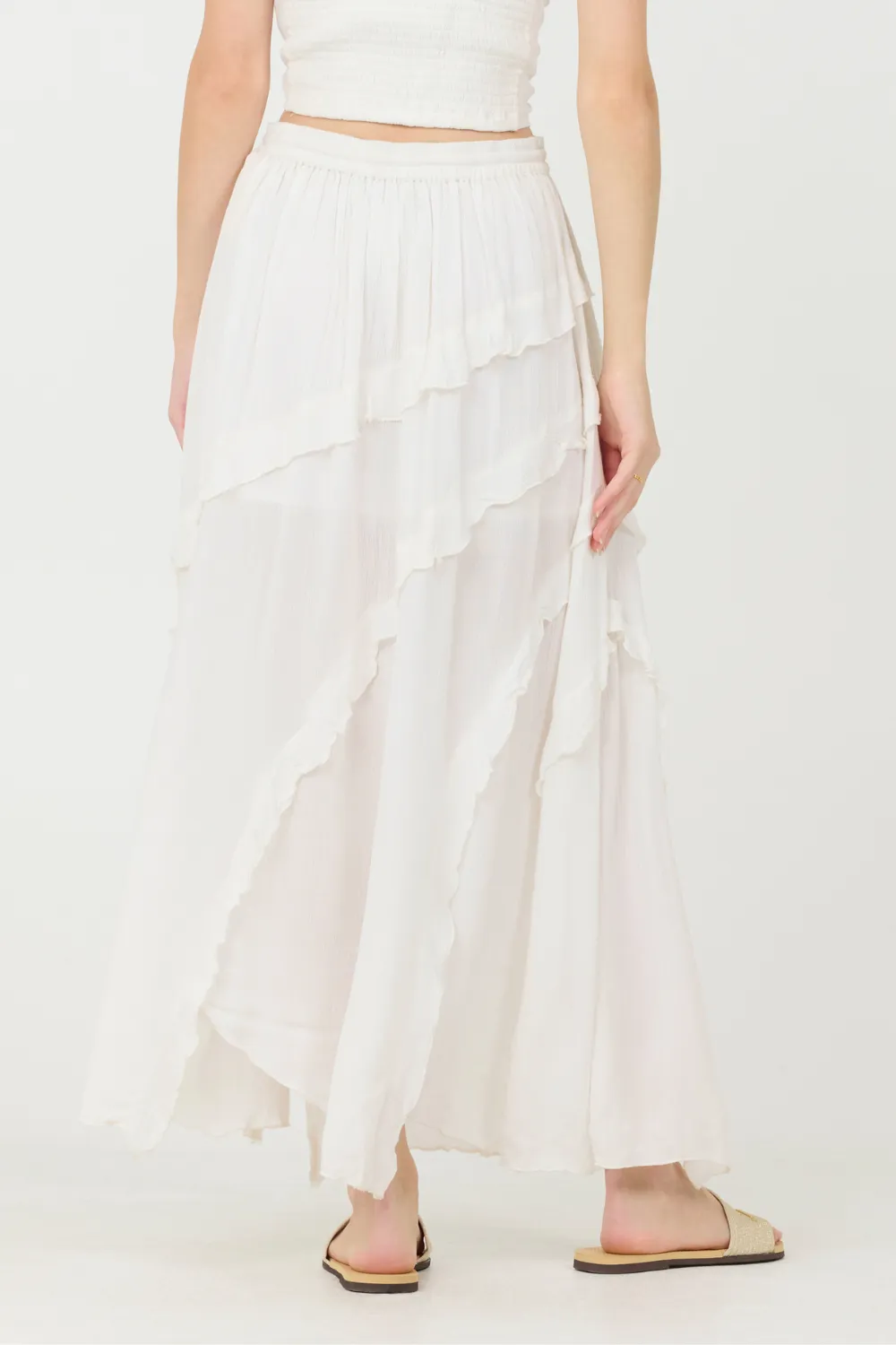 Clean White Rayon Crinkle Ruffle Maxi Skirt