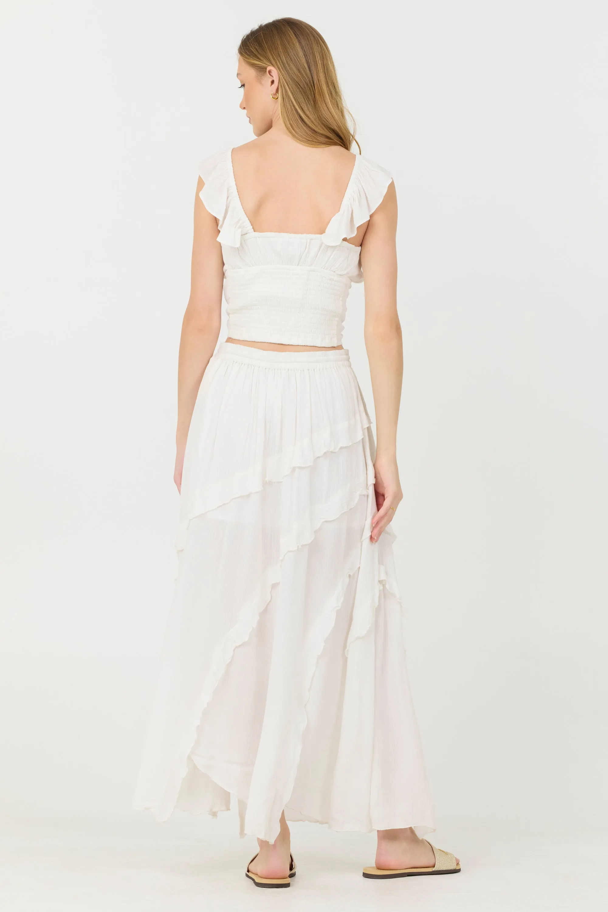 Clean White Rayon Crinkle Ruffle Maxi Skirt