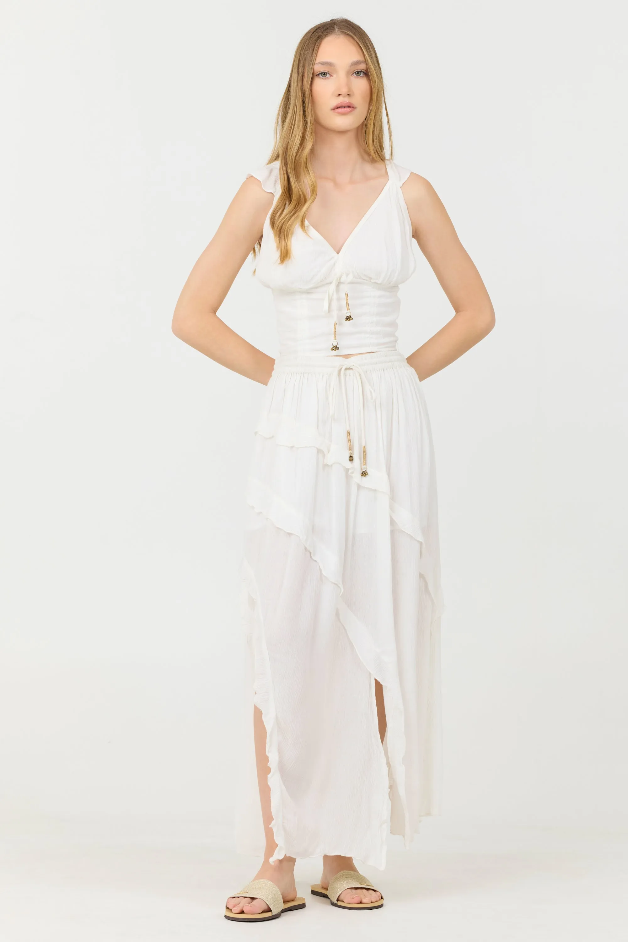 Clean White Rayon Crinkle Ruffle Maxi Skirt