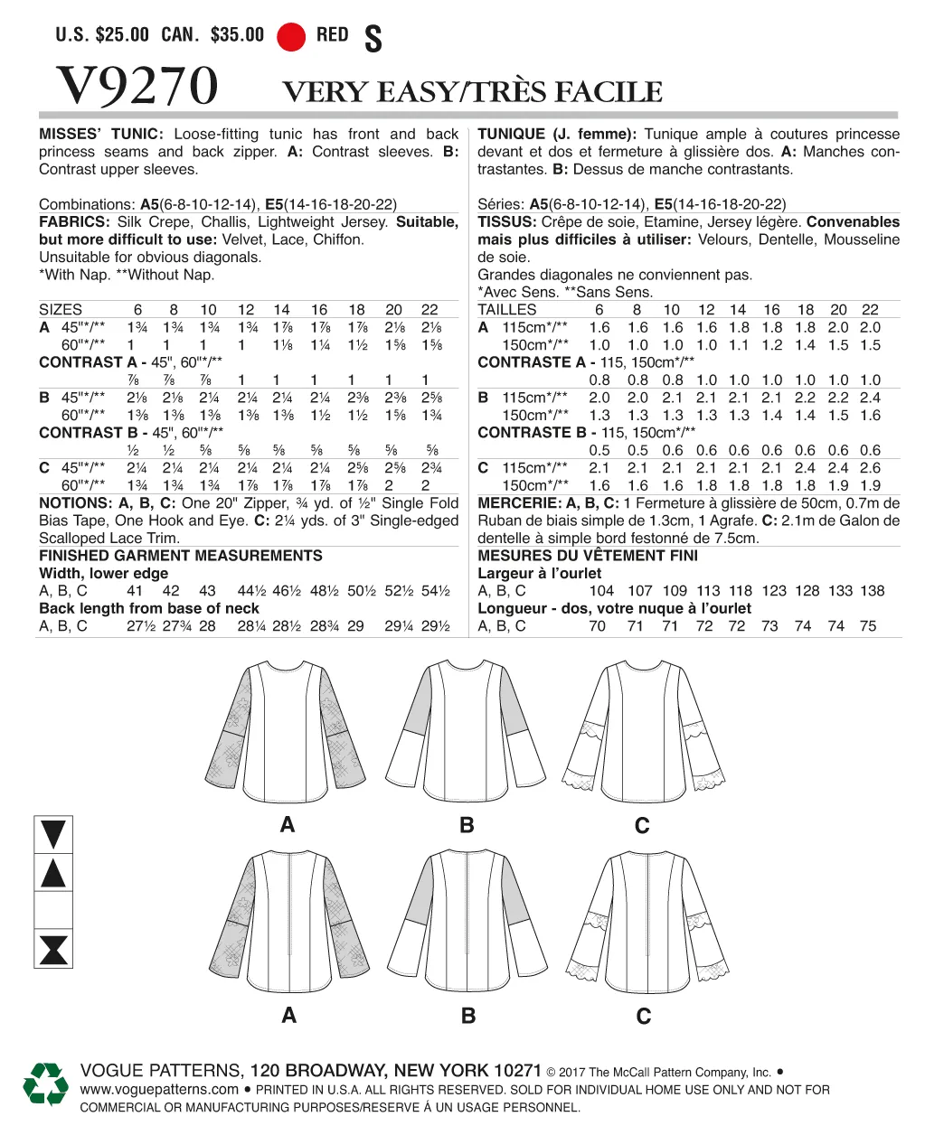 CLEARANCE • VOGUE PATTERN MISSES' PRINCESS-SEAM TUNICS WITH ZIPPER 9270