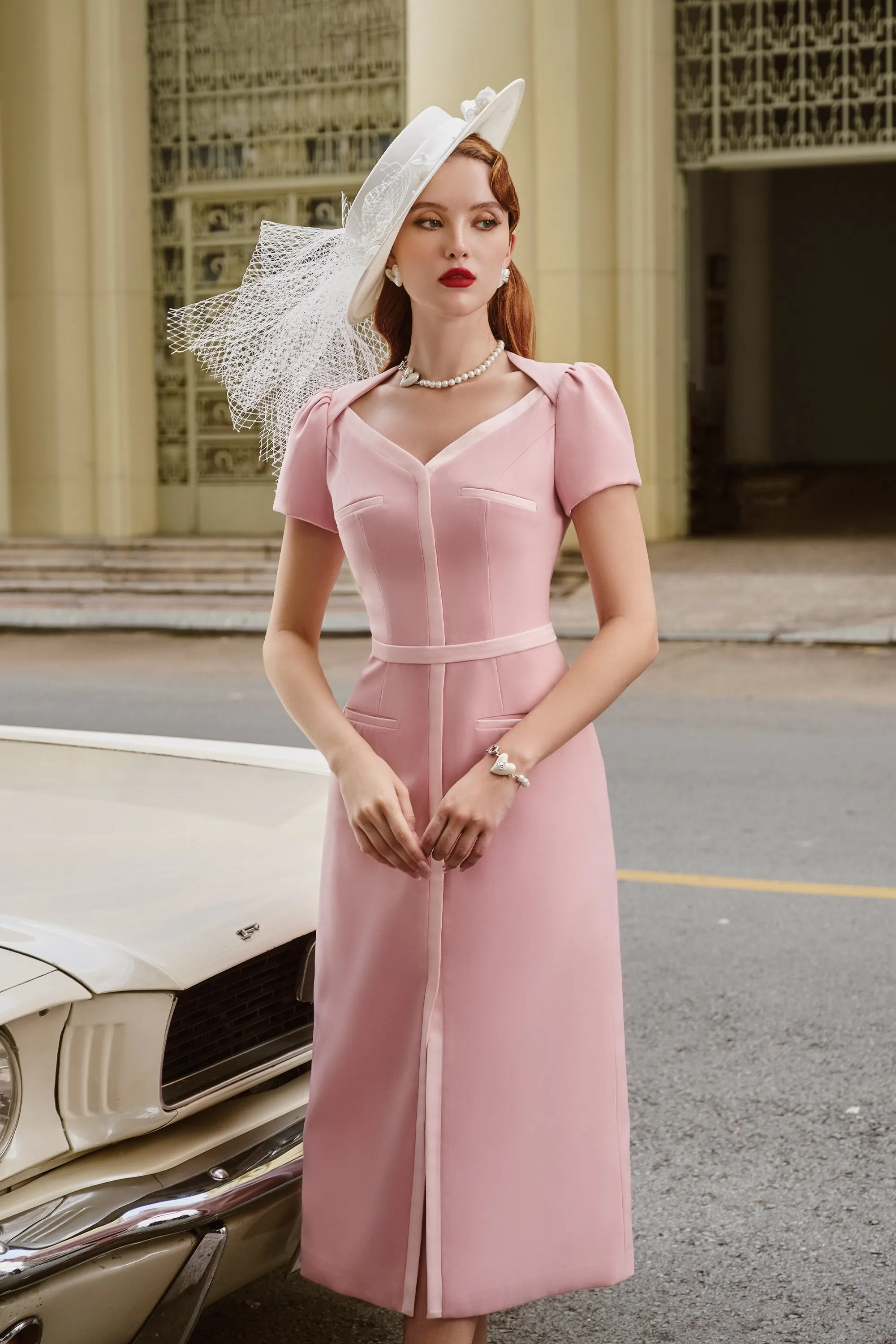 Colette Slit V-Neck Twill Midi Dress