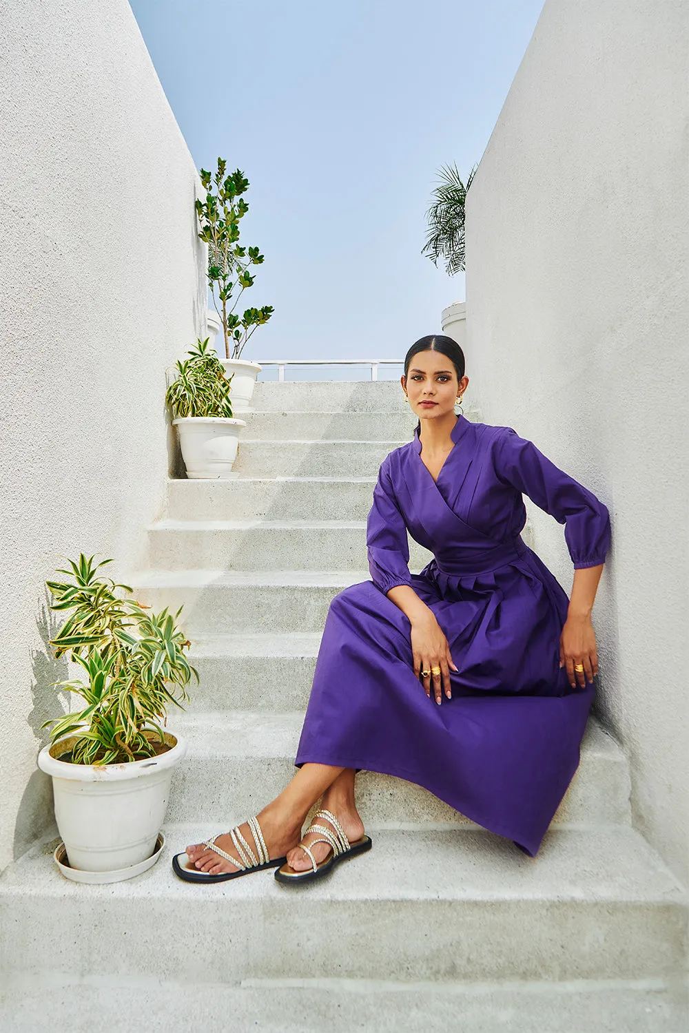 Cotton Midi Dress With Quarter Sleeves