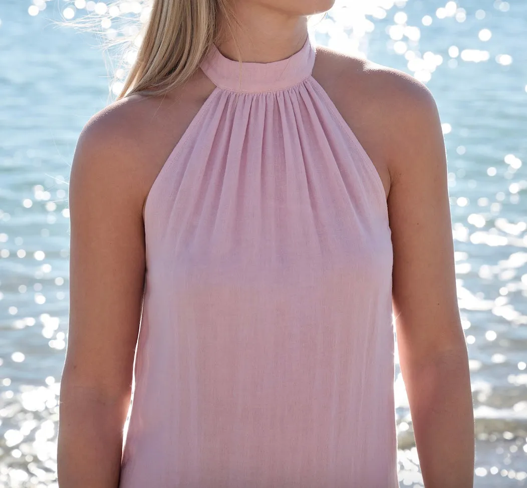 Cotton Pink Halter dress, Sleeveless, Midi Length, Loose Fit