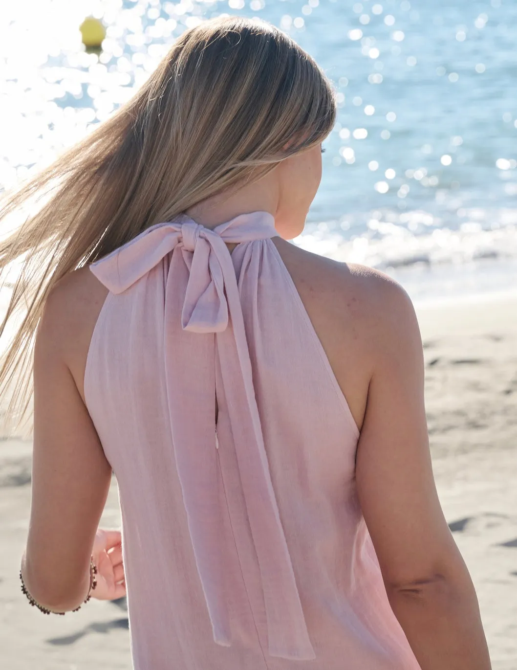 Cotton Pink Halter dress, Sleeveless, Midi Length, Loose Fit