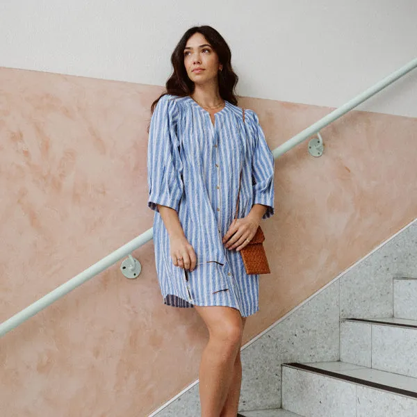 Crinkle Mini Dress - Fresh Cobalt White Stripe