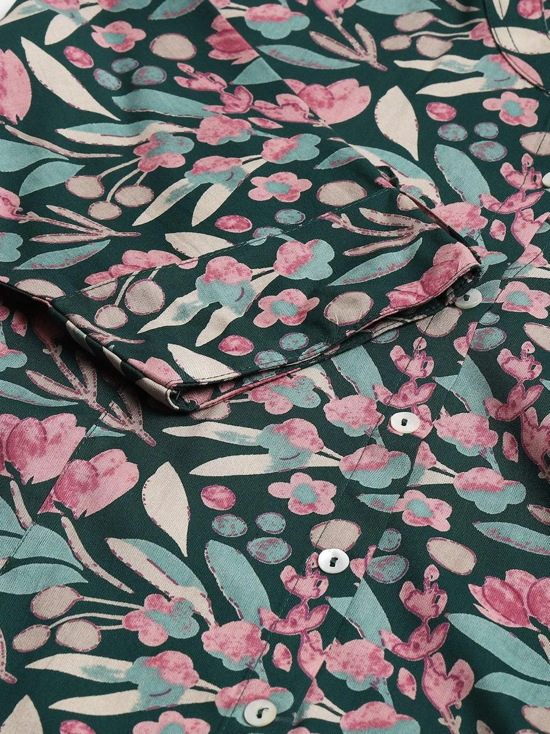 Dark Green Floral Rayon A-Line Shirts Style Top
