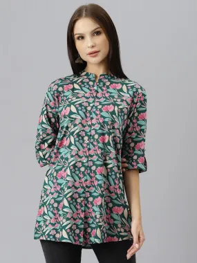 Dark Green Floral Rayon A-Line Shirts Style Top