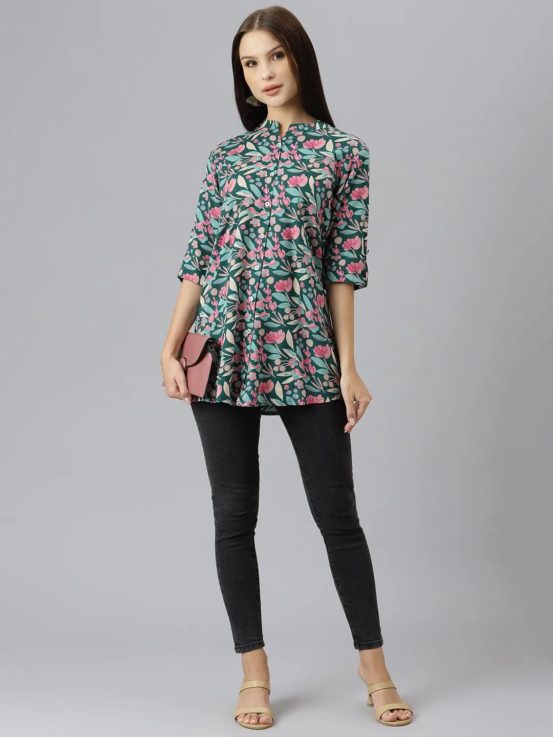 Dark Green Floral Rayon A-Line Shirts Style Top